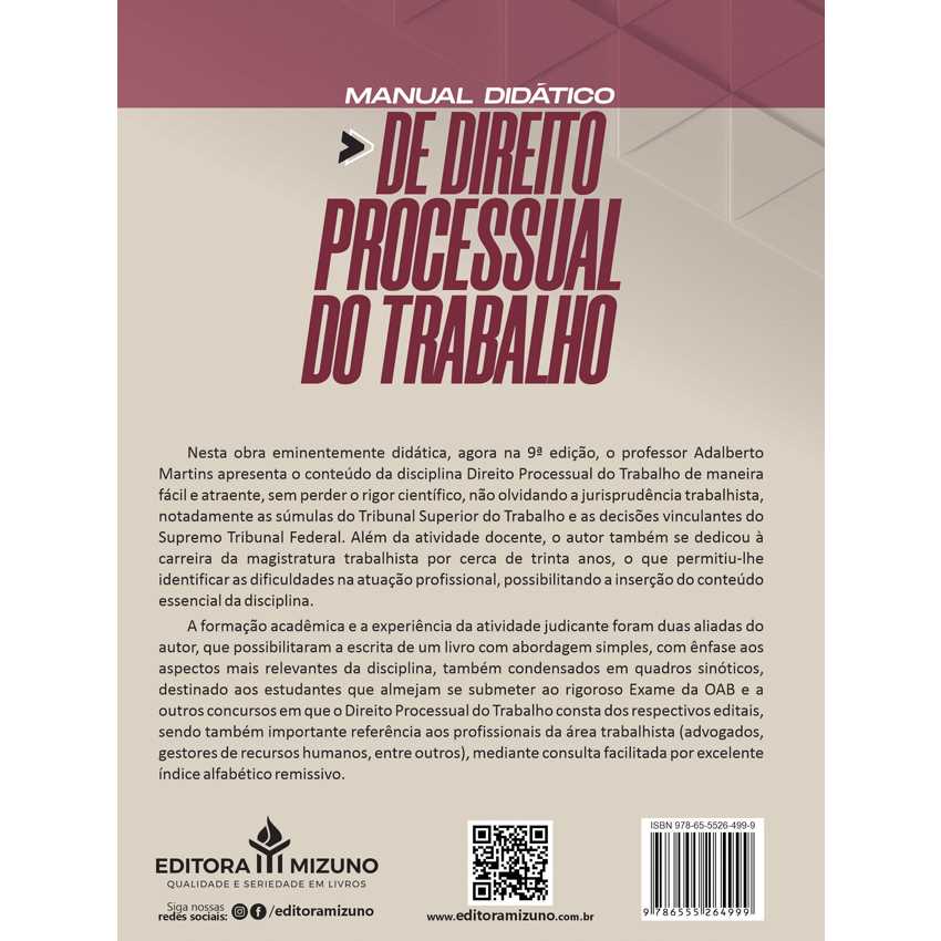 Manual Didático de Direito Processual do Trabalho 9ª Edição editoramizuno